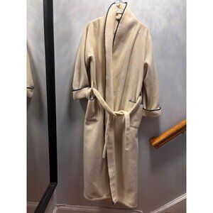 Lands End Cream Fleece Bathrobe With Black Trim & Belt Medium Size